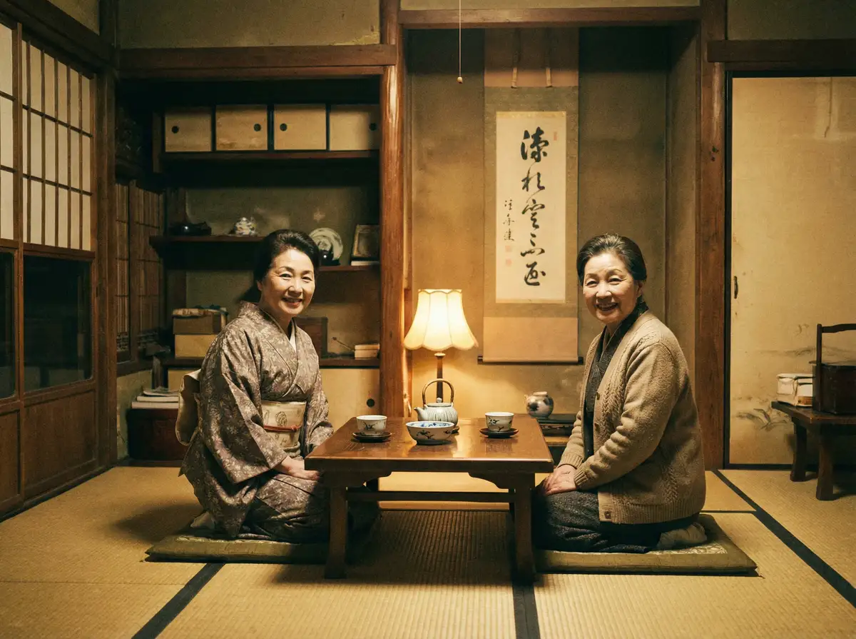 两位优雅的 静静爱吃糖 在日式茶室中品茶交谈